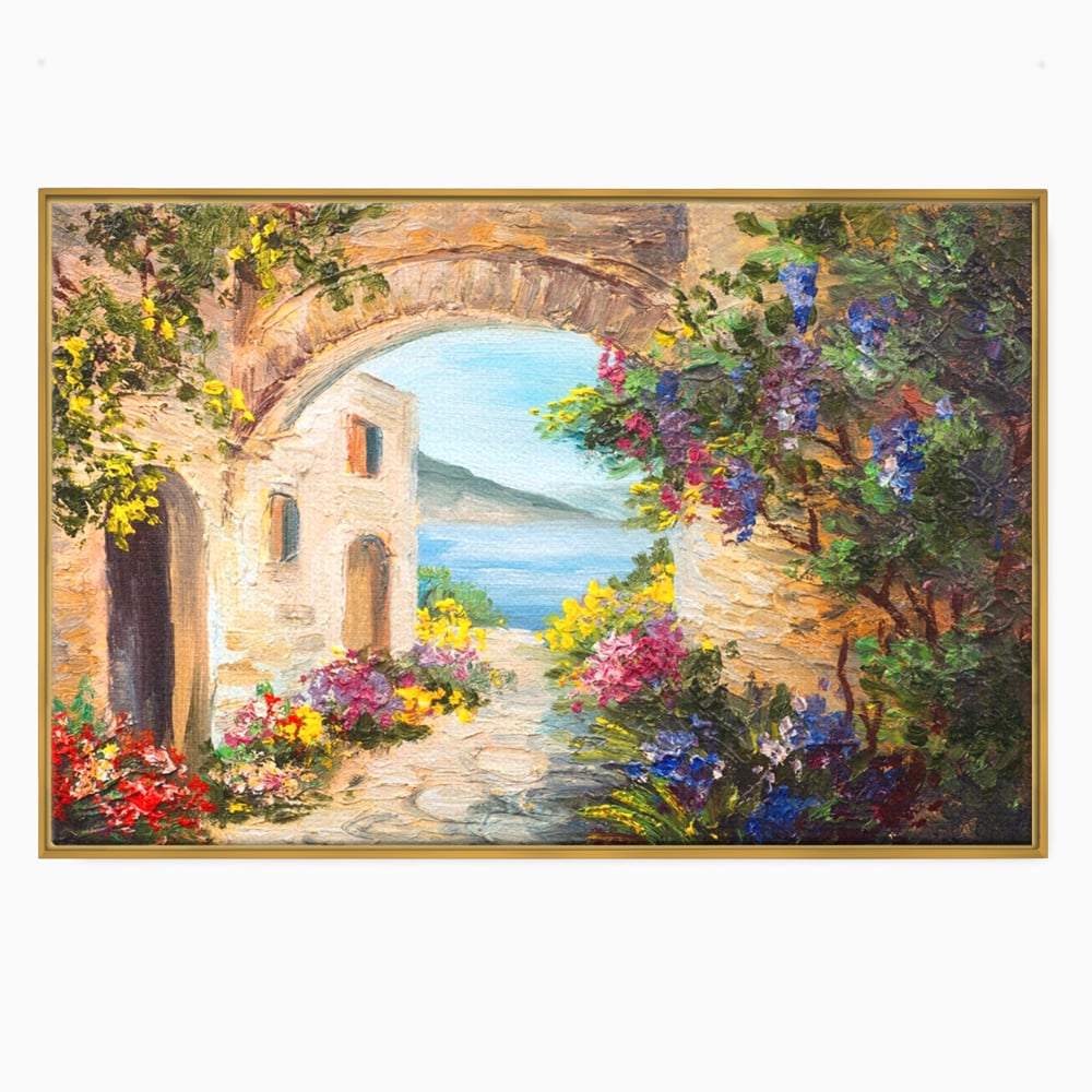 Tablou canvas cu pictura in ulei cu arcada de piatra si mare, in rama de aluminiu auriu